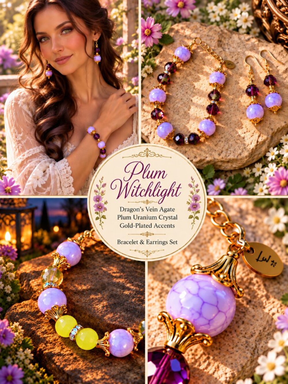 "Plum Witchlight" – Dragon’s Vein Agate & Uranium Crystal Bracelet + Earrings